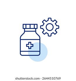 Medication bottle and cogwheel. Medical system settings, healthcare management, diagnostic tool configuration, clinical workflow control, patient monitoring setup. Pixel perfect, editable stroke vecto