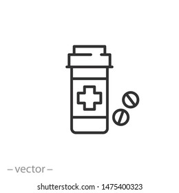 medication bottle icon, container with pills, thin line symbol on white background - editable stroke vector illustration eps 10