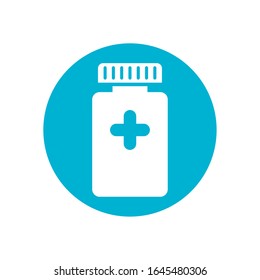 icono del frasco de medicación sobre fondo blanco, estilo de bloque y diseño colorido, ilustración vectorial