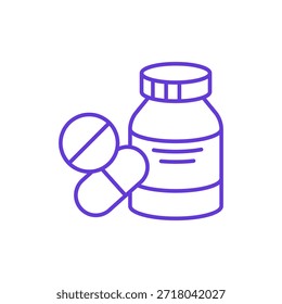 Icono de botella de medicamento. Ilustración de línea delgada de la botella de la medicina con la cápsula y la tableta, pictograma de la droga de la prescripción, vitaminas, suplemento de la atención sanitaria y tratamiento farmacéutico.