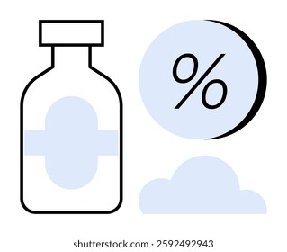 Medication bottle with label, percentage symbol in a circle, and cloud. Ideal for pharmacy, healthcare, medical research, data analysis, pharmaceutical marketing, healthcare technology, and cloud