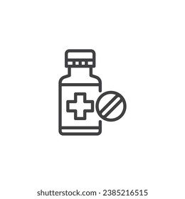 Icono de la línea de la botella de medicamentos. signo de estilo lineal para concepto móvil y diseño web. Icono vectorial del contorno de la botella de píldora médica. Símbolo, ilustración del logotipo. Gráficos vectoriales