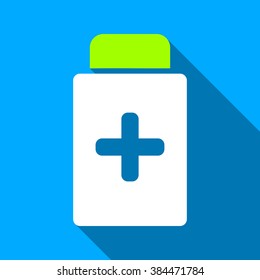 Medication Bottle long shadow vector icon. Style is a flat light symbol with rounded angles on a blue square background.