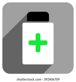 Medication Bottle long shadow vector icon. Style is a flat medication bottle iconic symbol on a gray square background.
