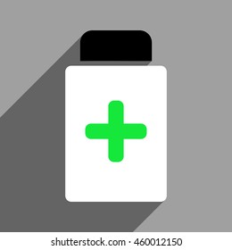 Medication Bottle long shadow vector icon. Style is a flat medication bottle black and white iconic symbol on a gray square background.