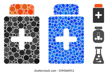 Medication bottle mosaic of small circles in various sizes and shades, based on medication bottle icon. Vector filled circles are organized into blue mosaic.
