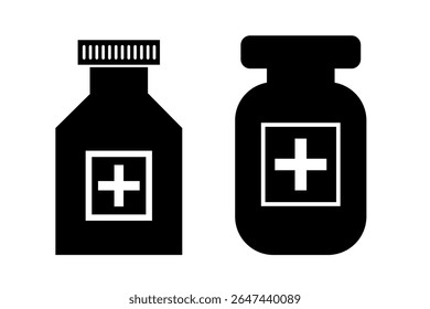 Medicação garrafa e ícone de pílula com símbolo cruz médica, saúde e indústria farmacêutica conceito, garrafa de drogas ícone de design