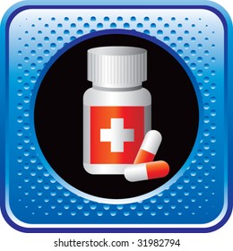 medication bottle and pills on blue halftone web button
