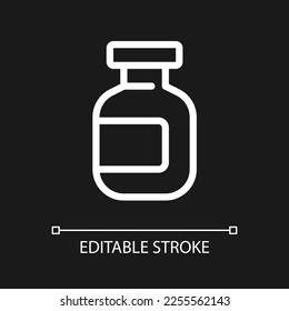 Icono de ui lineal blanco perfecto para el tema oscuro. Paquete de medicamentos. Reparación líquida. Pictograma de la línea del vector. Símbolo de interfaz de usuario aislado para el modo nocturno. Trazo editable. Tipo de letra arial utilizado