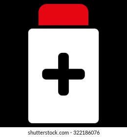 Medication Bottle vector icon. Style is bicolor flat symbol, red and white colors, rounded angles, black background.