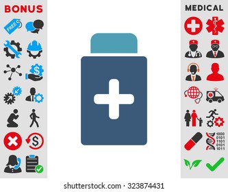 Medication Bottle vector icon. Style is bicolor flat symbol, cyan and blue colors, rounded angles, white background.