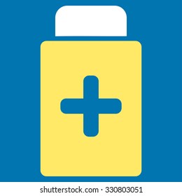 Medication Bottle vector icon. Style is bicolor flat symbol, yellow and white colors, rounded angles, blue background.