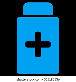 Medication Bottle vector icon. Style is flat symbol, blue color, rounded angles, black background.