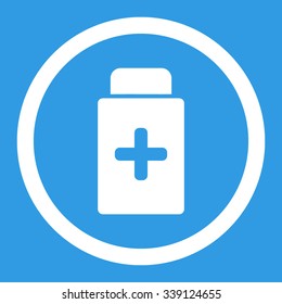 Medication Bottle vector icon. Style is flat rounded symbol, white color, rounded angles, blue background.