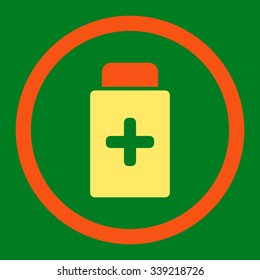 Medication Bottle vector icon. Style is bicolor flat rounded symbol, orange and yellow colors, rounded angles, green background.