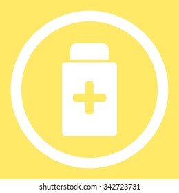 Medication Bottle vector icon. Style is flat rounded symbol, white color, rounded angles, yellow background.