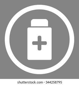 Medication Bottle vector icon. Style is flat rounded symbol, white color, rounded angles, gray background.