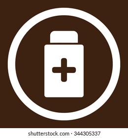 Medication Bottle vector icon. Style is flat rounded symbol, white color, rounded angles, brown background.