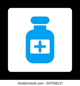 Medication Bottle vector icon. Style is flat rounded square button, blue and white colors, black background.