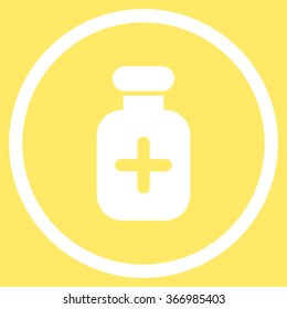 Medication Bottle vector icon. Style is flat circled symbol, white color, rounded angles, yellow background.