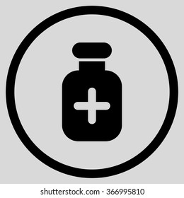 Medication Bottle vector icon. Style is flat circled symbol, black color, rounded angles, light gray background.