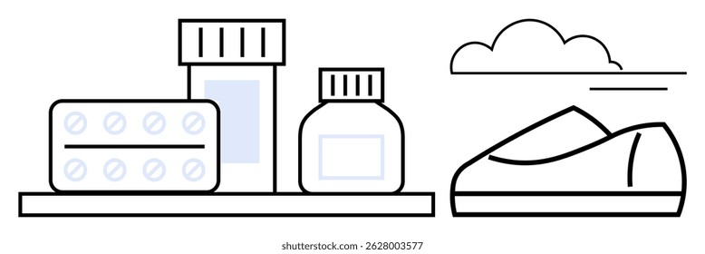 Medication bottles, blister pack, and running shoe reflecting health and wellness commitment. Ideal for healthcare, fitness, pharmacy, wellness programs, health campaigns, lifestyle promotion