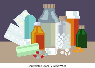 Medication in bottles and pills vector illustration. Different package for pharmacy products, prescribed medical treatment for different diseases. Pharmacy, medicine, health care concept