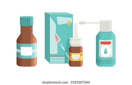 Medication Bottles Set, Throat Spray Aerosol, Nasal Antiseptic Spray, Healthcare Medications Cartoon Vector Illustration