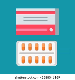 Medication box and blister pack of capsules against a blue background, useful for illustrating pharmaceuticals and healthcare products