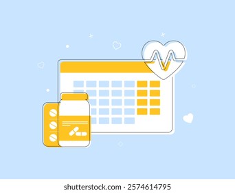 Medication calendar concept with daily pill reminders, medical schedule planning, health tracking, prescription management and time-based alerts for effective treatment, organized healthcare routines