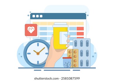 Medication calendar concept with daily pill reminder, organized healthcare routine, medical schedule planning, health tracking, prescription management, and medication-based alerts. Flat illustration.