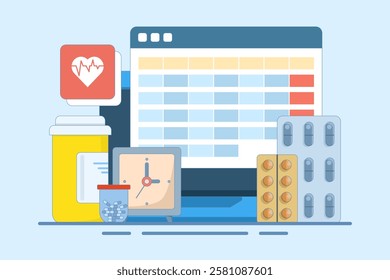 Medication calendar concept with daily pill reminder, organized healthcare routine, medical schedule planning, health tracking, prescription management, and medication-based alerts. Flat illustration.