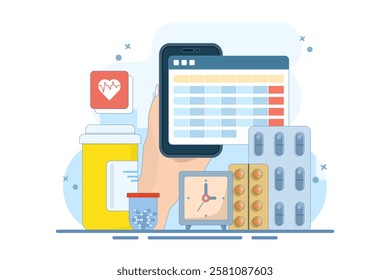 Medication calendar concept with daily pill reminder, organized healthcare routine, medical schedule planning, health tracking, prescription management, and medication-based alerts. Flat illustration.