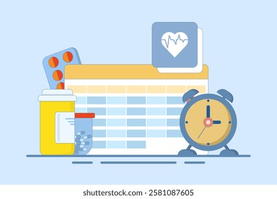 Medication calendar concept with daily pill reminder, organized healthcare routine, medical schedule planning, health tracking, prescription management, and medication-based alerts. Flat illustration.