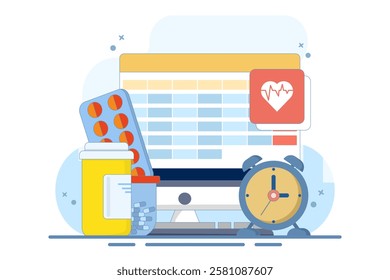 Medication calendar concept with daily pill reminder, organized healthcare routine, medical schedule planning, health tracking, prescription management, and medication-based alerts. Flat illustration.