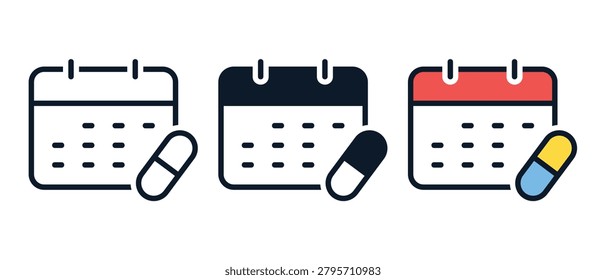 Medication Calendar Icon with Pill and Schedule Date Symbol. Medicine Reminder. Vector Illustration