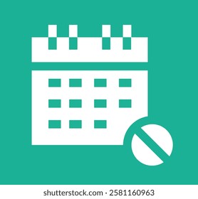 Medication calendar. Medication schedule icon design isolated on turquoise background. Calendar, white calendar to mark date for reminder with medication icon. Vector illustration.