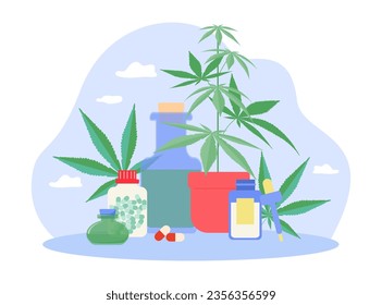 Medicación con cannabis como ingrediente de ilustración vectorial. Dibujo de caricaturas de tratamiento alternativo, pastillas de hierbas o marihuana. Medicina alternativa, salud, concepto de naturaleza