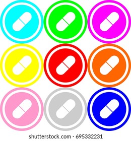 Medication in capsule icon , circle sign design with different colors