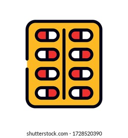 medication capsules blister icon over white background, line and fill style, vector illustration