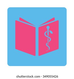 Medication Catalog vector icon. Style is flat rounded square button, pink and blue colors, white background.