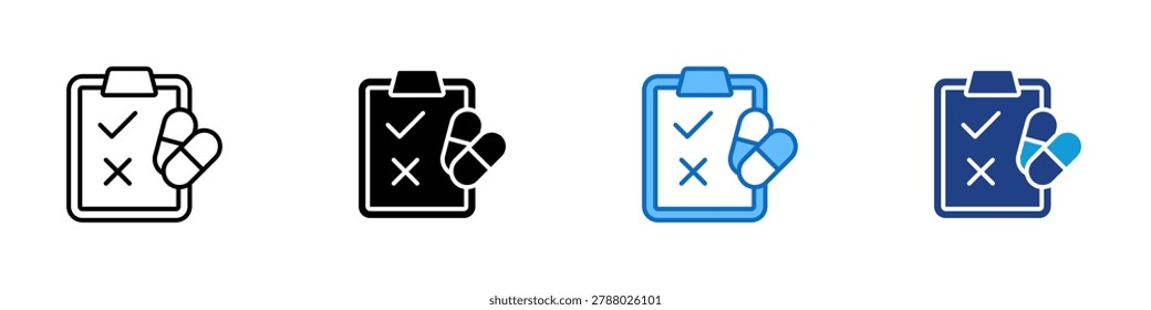 Medication Checklist Multiple Style Icon Design Vector - Clipboard with pills and checklist representing prescription review, dosage tracking, and medication adherence