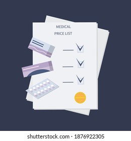 Medication checklist. Price list, invoice or background information for pills, capsules and purchase. Healthcare and medicine. Pharmacy and vaccination concept. Flat style. Vector
