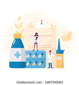 Medication concept. Collection of pharmacy drug in bottle and box. Medicine pill for disease treatment and prescription form. Drugstore and pharmacist concept. Isolated vector illustration