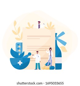 Medication concept. Collection of pharmacy drug in bottle and box. Medicine pill for disease treatment and prescription form. Drugstore and pharmacist concept. Isolated vector illustration