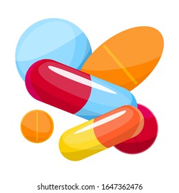 Medication concept, pharmacy drug. Medicine pill for disease treatment. Idea of healthcare and pharmacy. Flat vector illustration