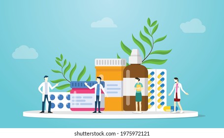 medication concept with various pills and bottle drugs and people with modern flat style
