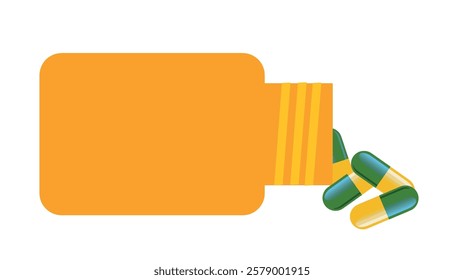 Medication concept. Yellow-green capsules of Tramadol 50 mg. and orange medicine bottle isolated on white background, narcotic- like pain reliever, used to treat moderate to severe pain.