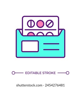 Icono de color RGB del contenedor del medicamento. Dosis de medicina. Gestión de farmacias, equipos médicos. Etiquetado del envase del medicamento. Ilustración vectorial aislada. Dibujo de líneas rellenas simples. Trazo editable
