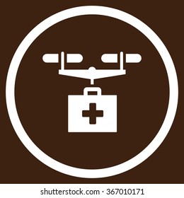 Medication Copter Shipment vector icon. Style is flat circled symbol, white color, rounded angles, brown background.